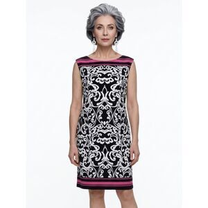 Jessica Howard Black White & Pink Baroque Print Boat Neck Shift Dress Size M
